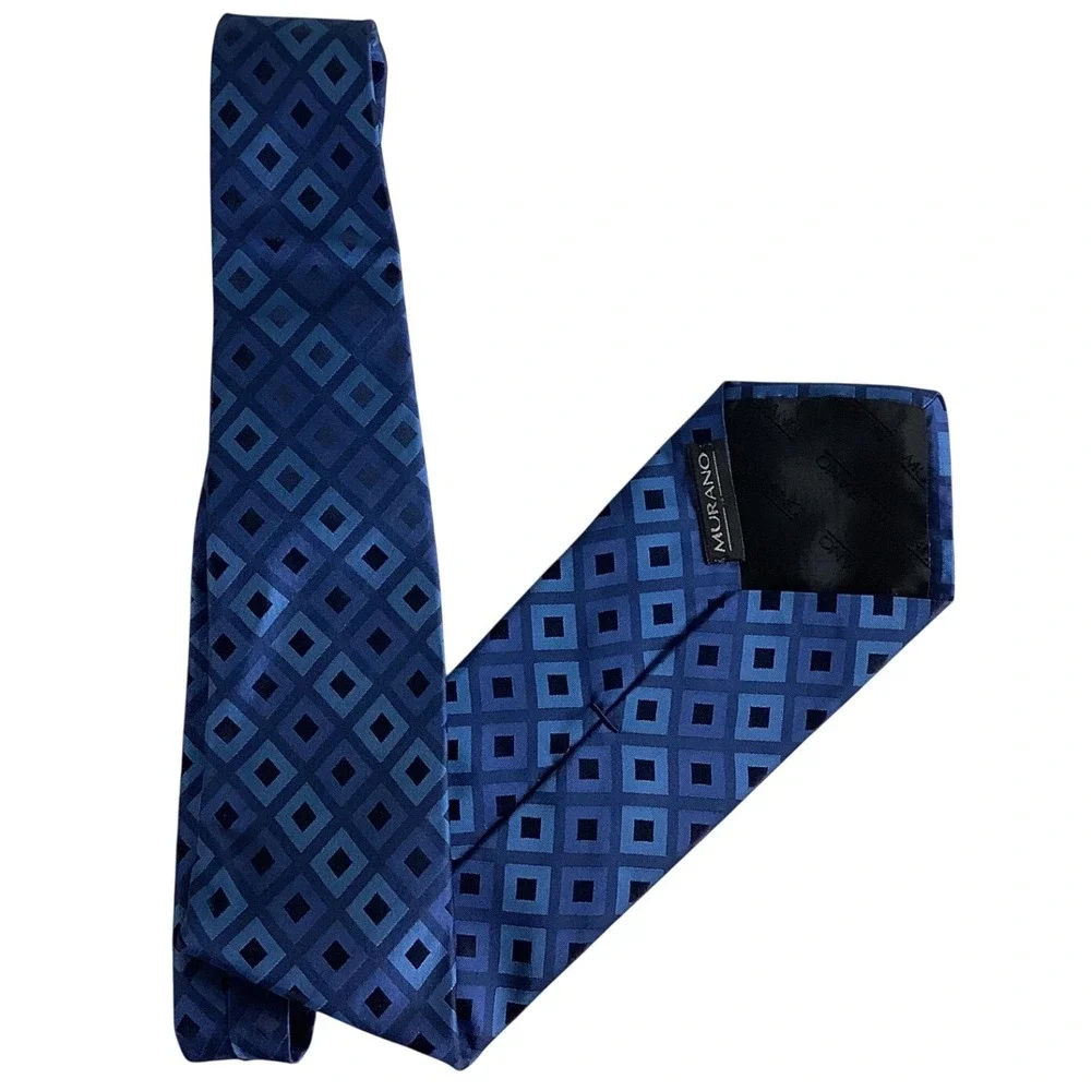 Murano Mens Silk Blend Necktie Blue Geometric Square Pattern Formal Business Tie